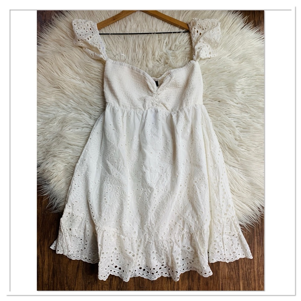 White Eyelet Sundress with Ruffle Hem Over The Knee Dress